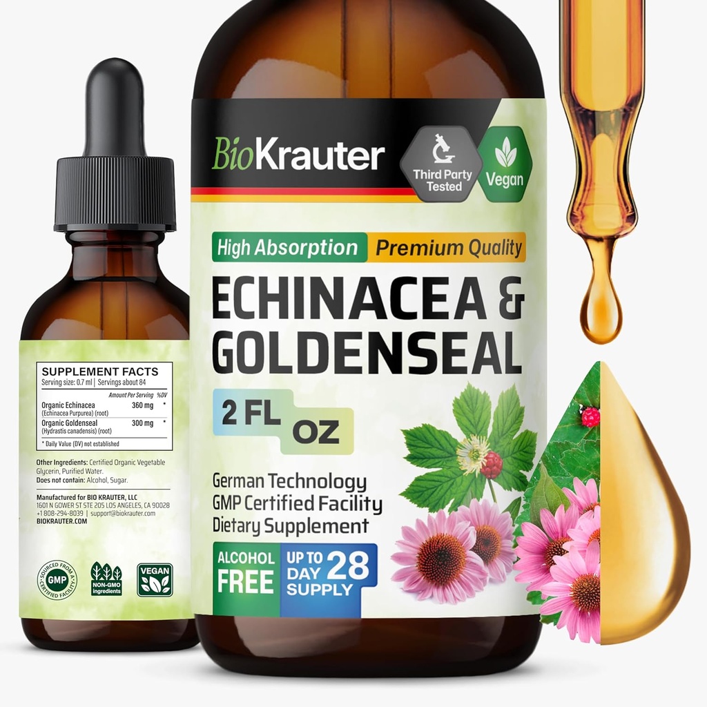 BIO KRAUTTER Echinacea și Goldenseal Root Liquid Extract - Natural Immune Support - Echinacea Drops with Goldenseal - Vegan, Alcool & Sugar Free Tincture - 2 Fl.Oz.