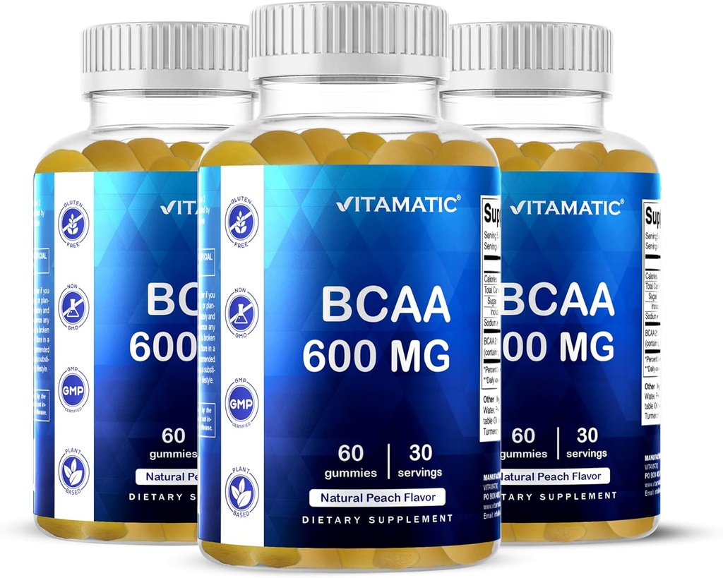 Vitamatic BCAA Gummies - 분지 사슬 아미노산 보충교재 - 복숭아 풍미 - 서빙 당 600mg - 60의 Vegan Pectin 근거한 Gummies (3개의 병)