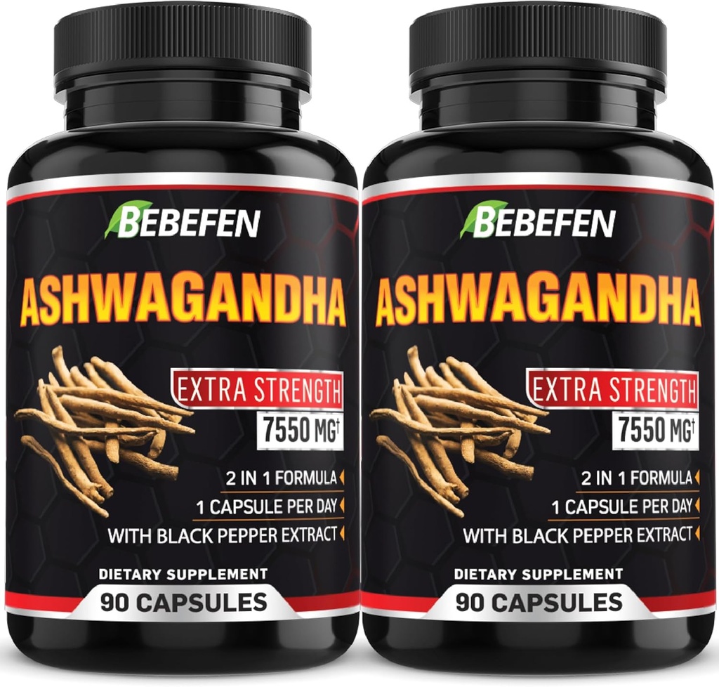BEBEFEN Ashwagandha Capsules - 7550mg Formula Pills with Black Pepper Extract - 90 Capsules Ashwagandha Supplement for Energy Support - 3 Month Supply (Pack of 2)