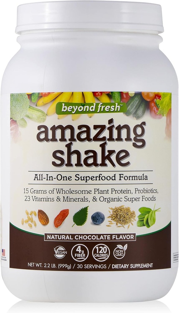 Máis alá de Fresh Amazing Shake, Superfood Formula, Plant Protein Based, Low Net Carbohidratos, Wholefood Protein, substitución de comidas, Natural Chocolate Flavor, 999 Grams, White