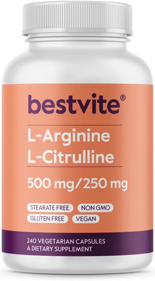 BESTVITE L-Arginine L-Citrulline 500mg / 250mg Vegan(240个植物盖) - 无树脂 - 无磷酸ium - 非转基因 - Gluten Free
