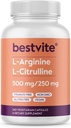BESTVITE L-Arginine L-Citrulline 500mg / 250mg Vegan(240个植物盖) - 无树脂 - 无磷酸ium - 非转基因 - Gluten Free