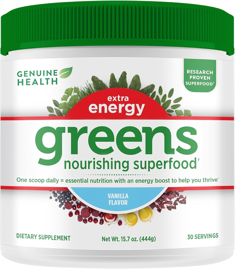 Genuine Health Greens + Extra Energy Superfood Порошок, Забезпечує Immediate Energy Boost & Підтримує Gut Health, Vanilla Flavoured, 30 Сервінги