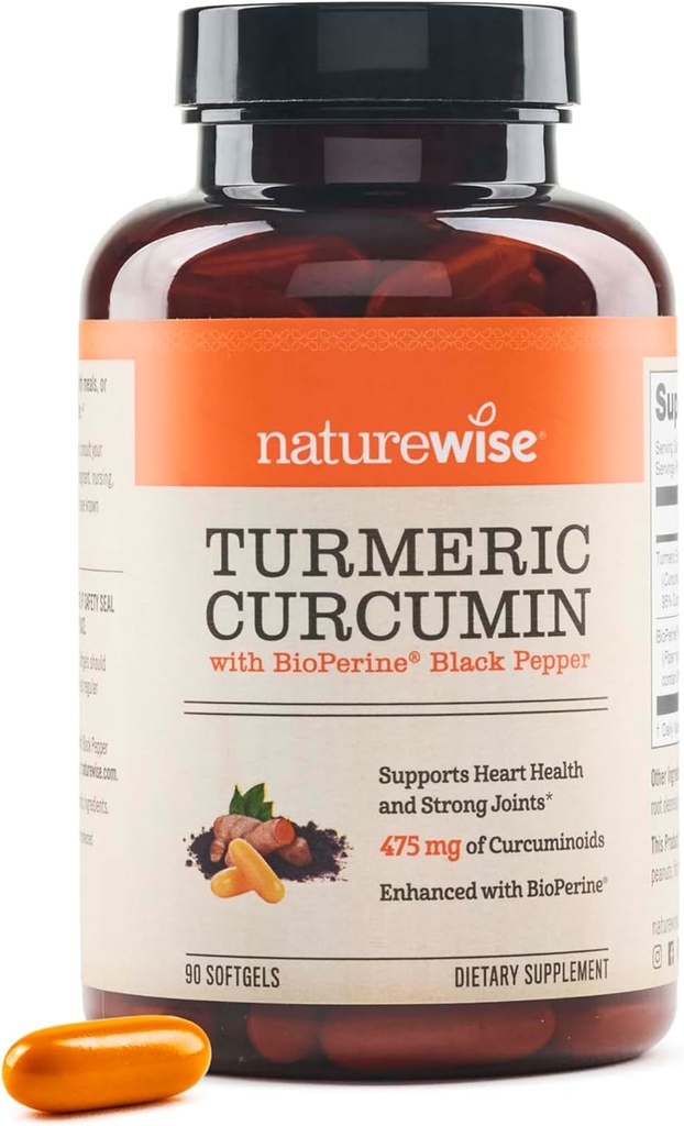 NatureWise Turmeric Curcumin 500mg med Black Pepper Softgels - Extra styrka, förbättrad absorption - 95% Curcuminoids & BioPerine för immunstöd - Glutenfri, icke-GMO - 90 greve[3-månaders leverans]