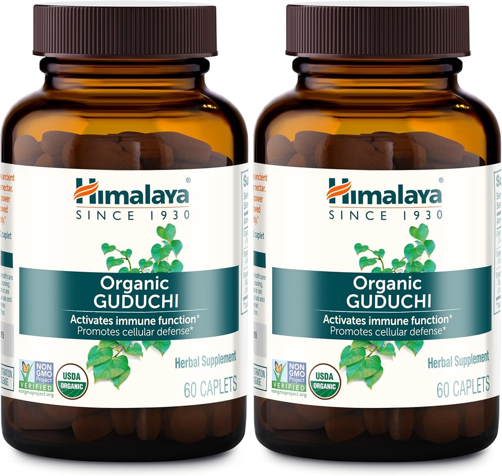 Himalaya Organic Guduchi pentru suport imunitar activ și apărare celulară, 700 mg, 60 Capleți, 2 lună de aprovizionare, 2 ambalaj