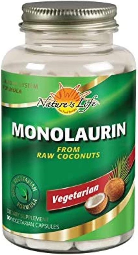 Nature 's Life Monolaurin 1000 mg, Nurishing Monolaurin from Natural Raw Coconut, Immunication Supplement, Gut Health, Balanced Gut Flora, 60- Day Garance, 45 Služební, 90 Vegetariánské Kapsle
