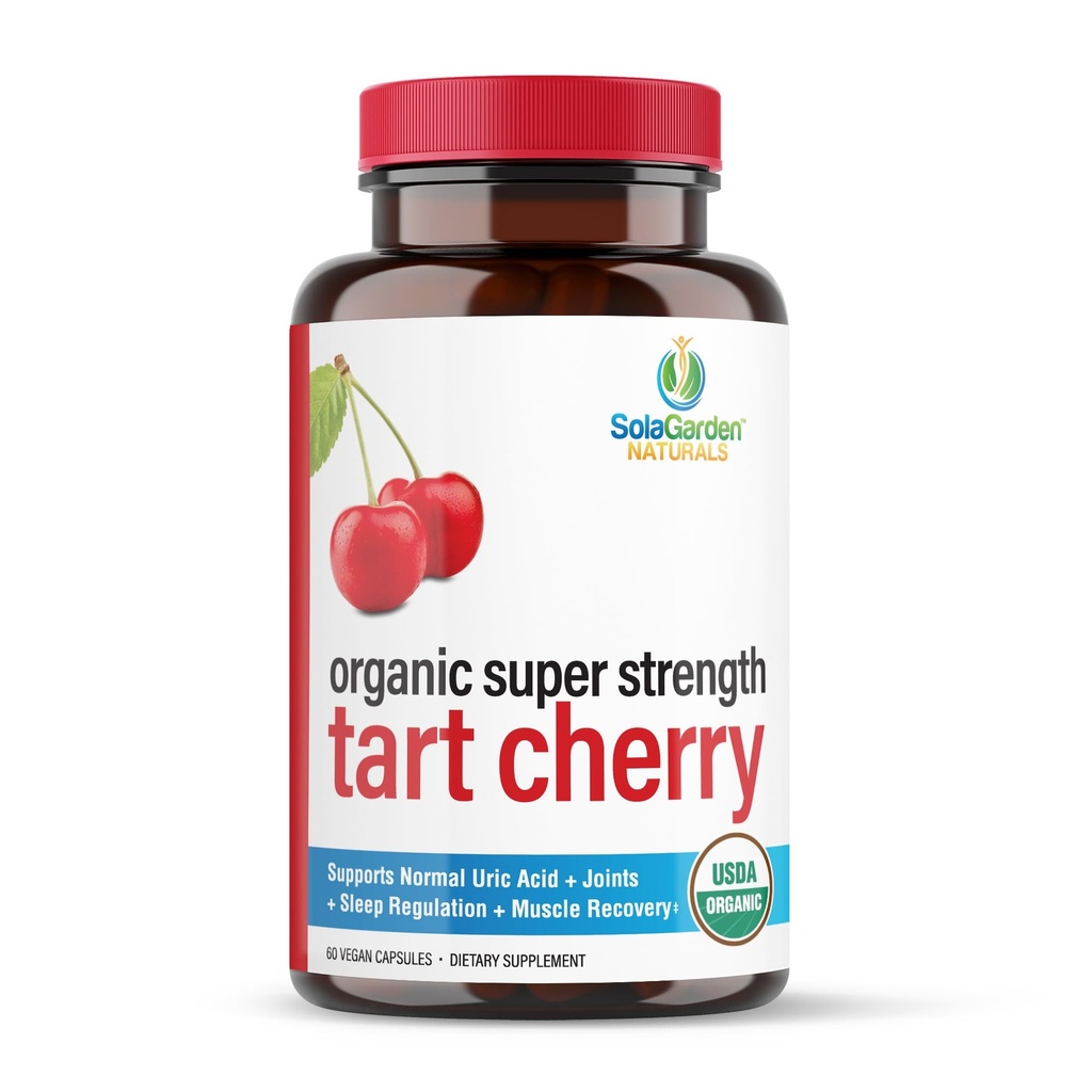 USDA Organic Super Strength Tart Cherry Supplement, 50:1 Extract of Non-GMO Organic Cherries, by SolaGarden Naturals, 60 Non-GMO Vegan Capsules, Supports Normal Uric Acid, Made in USA