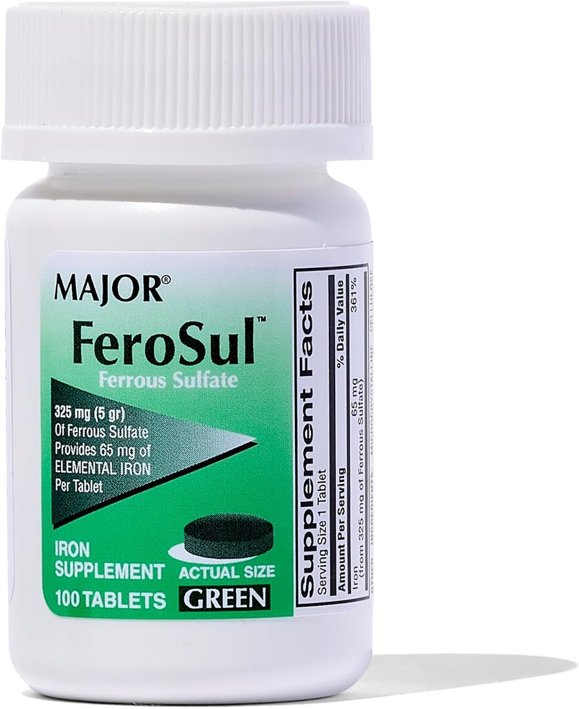 Major Ferosul - Ferrous Sulfate 325mg tablete s 65mg elementarnega železa - železa dodatek za ženske, moški - zelena - 100 grof