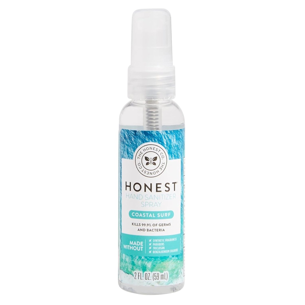 The Honest Company Plant-Based Hand Sanitizer Spray Kills 99.9% of Germs Hypoallergenic Quick-drying and Moisturizing Coastal Surf 2 fl oz