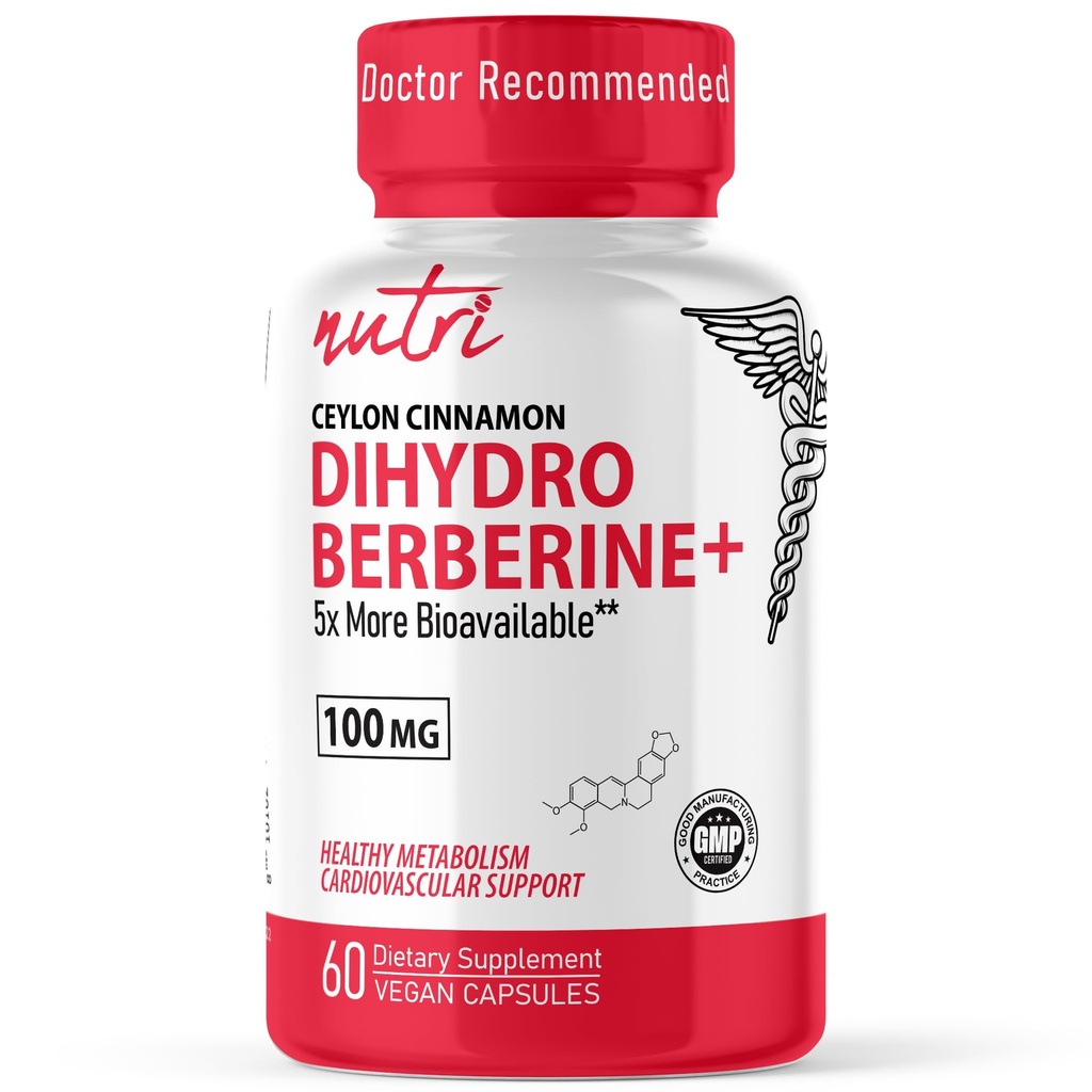 Nutri Dihydroberberine Supplement 100mg 60 Capsules with 300mg Organic Ceylon Cinnamon Extract - 54X More Bioavailable Than Regular Berberine HCL - 3rd Party Tested - NSF Certified Facility