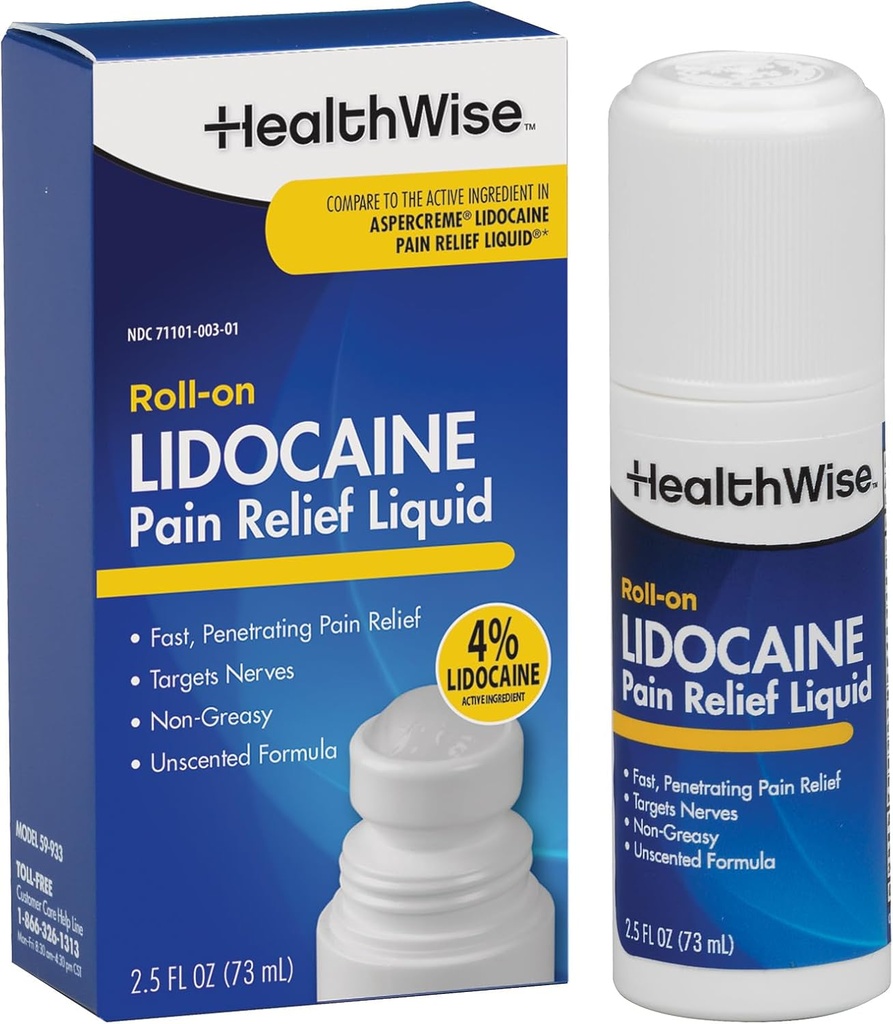 HealthWise 4% Lidocaine Roll-On | OTC Strength | Pain Relief Liquid | 2,5 унции. 73 мл | Non-Greasy, Unscented Formula | Topical Anesthetic