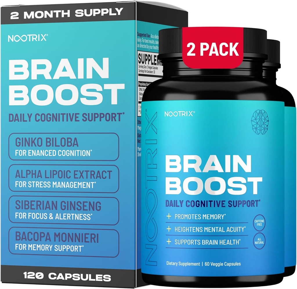 Nootrix Brain Boost Nootropic Supplemento | Supporta memoria, messa a fuoco mentale, salute cognitiva & energia | Promuove la funzione sana del mood & del cervello | Ginkgo Biloba & DMAE | 120 capsule