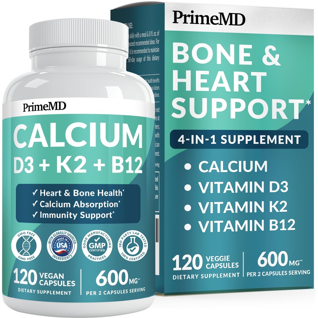 4-in-1 Calcium Supplements for Women & Men - Calcium Citrate with D3 K2 Vitamin 5000 IU - Calcium 600mg with Vitamin D3 K2 - Everyday Vitality Supplement - Vegan-Friendly, Gluten-Free (120 Capsules)