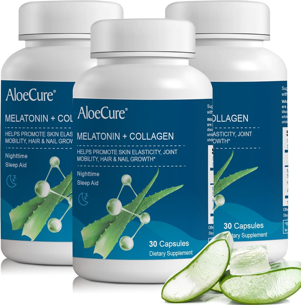 AloeCure Natural Melatonin + Collagen with Organic Aloe Vera - Natural Sleep Aid Supplement for Restful Nights - Collagen Complex for JointStrength, Skin Elasticity, Hair & Nail Growth, 30 Capsules