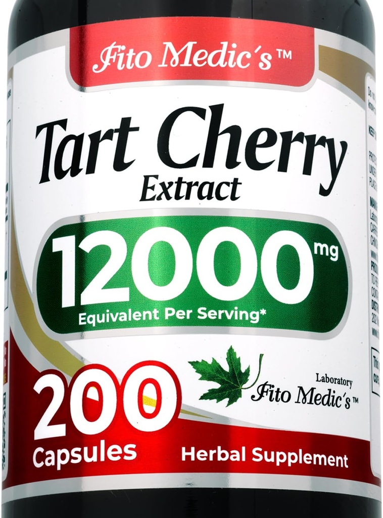 FITO MEDIC'S Lab . Tart Cherry Capsules .200 Capsules .12000 mg . Tart Cherry Extract . Cherry Extract . Concentrate Extract . Ultra high Absorption.