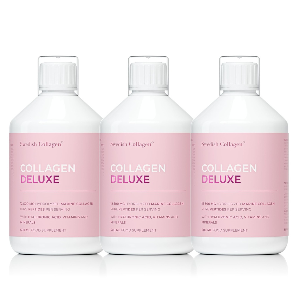 Swedish Collagen Deluxe | 12,500 mg Hydrolyzed Marine Collagen Liquid Supplement - 3 x 500 ml (1,500 ml in Total), 60 Day Supply | Hyaluronic Acid, Biotin & Vitamin C for Hair, Skin, Nails & Joints