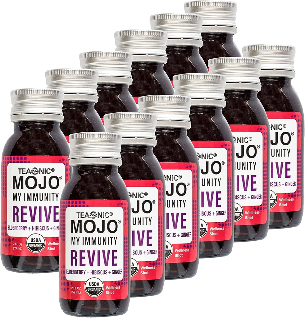 TEAONIC Moje imunita Mojo: Revive, Bylinná šťáva, Bylinný dodatek s Elderberry, Hibiscus, a Ginger, USDA- Certified Organic, Vegan, Gluten-Free, 12 Packs, 2 Fl. Oz Každý