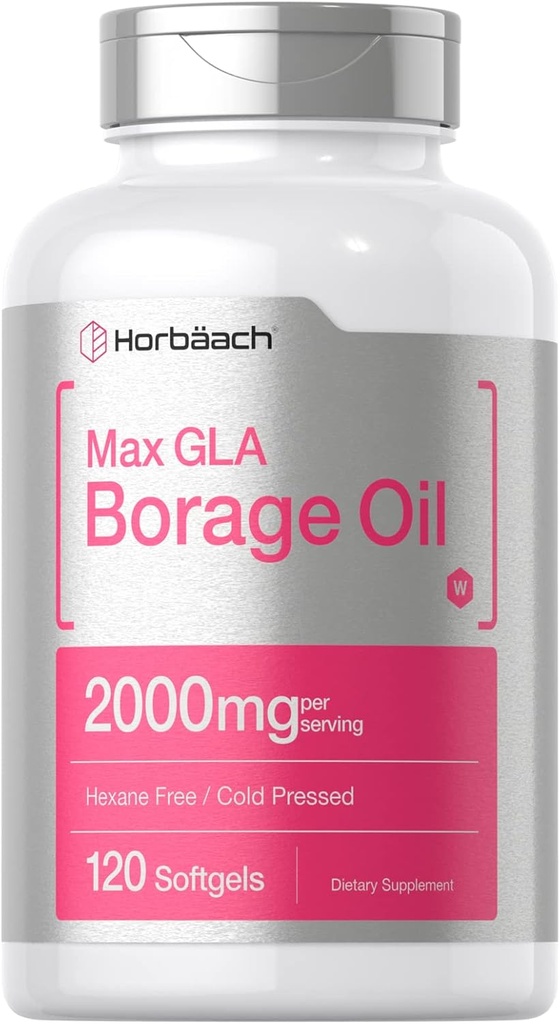 Horbäach Borage Olje Kapsler 2000 mg | 120 Softgels | 320 mg GLA | Kaldt presset frøolje Supplement