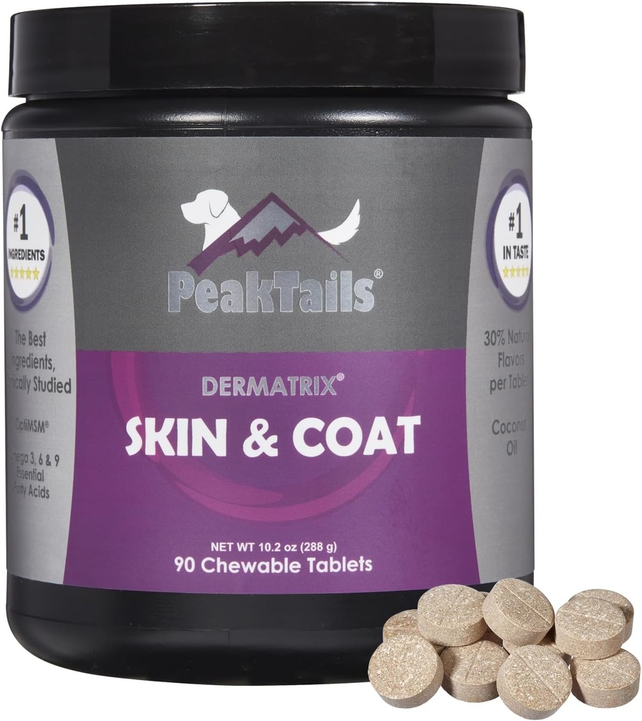 Kala Health PeakTails Skin & Coat Support for Dogs – 90 Chewable Tablets with MSM, Fish Oil, Omega-3 & Omega-6 – Supports Healthy Skin, Shiny Coat