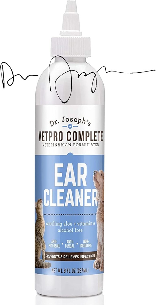 VetPro Complete Dr. Joseph's Ear Cleaner, 8 Ounces, Gentle Dog and Cat Ear Rinse Solution Wash with Aloe Vera and Vitamin E, Dog Ear Drops to Remote Wax and Dabris, Reduces Odor, Easy Applicator