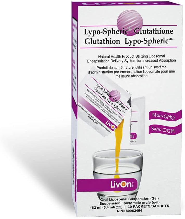 LivOn Laboratories Lypo-Spheric Glutationa - 30 Packets - 450 mg Glutationa por Packet - Liposoma Encapsulado para máxima biodisponibilidade – Formulado profissionalmente – 100% Não-GMO