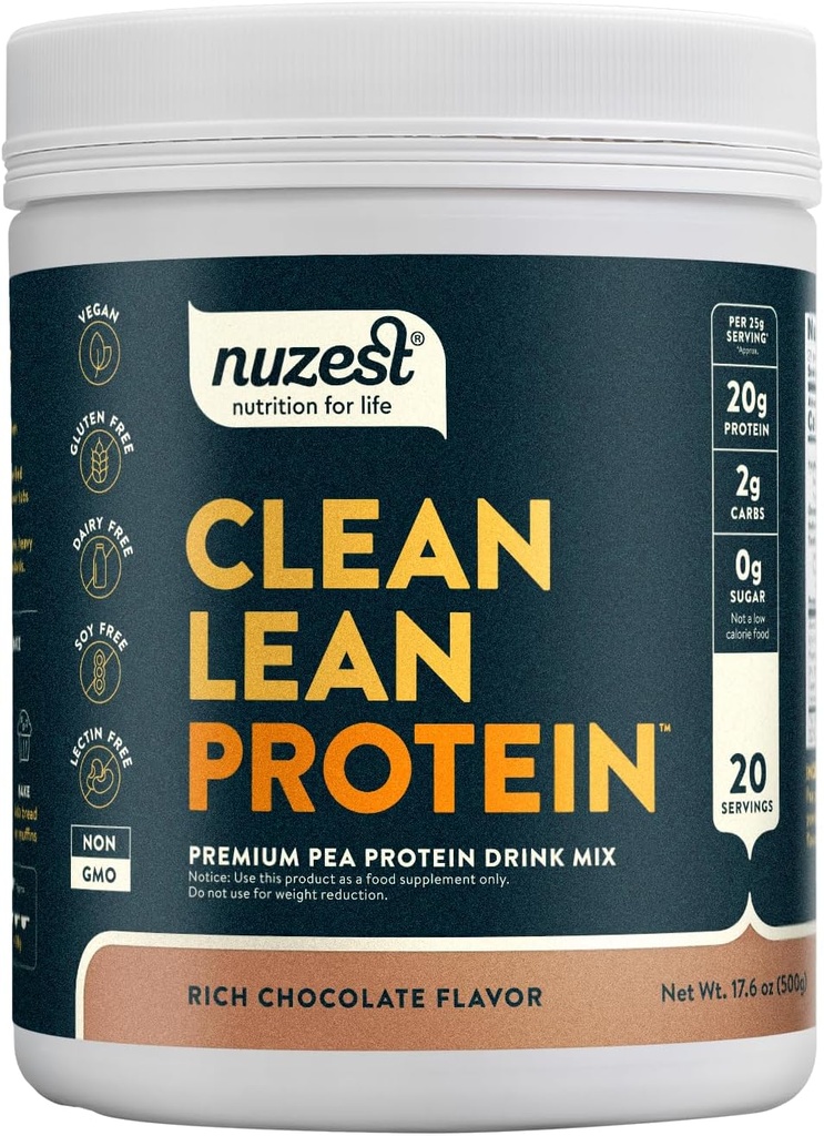 Nuzest - Pea Protetin Power - Net Lean Protein, Premium Vegan Bast Proteder, Dary Free, Guten Free, GMO Free, Protein, Choch, Rich Chocolate, 20 Servings, 1b