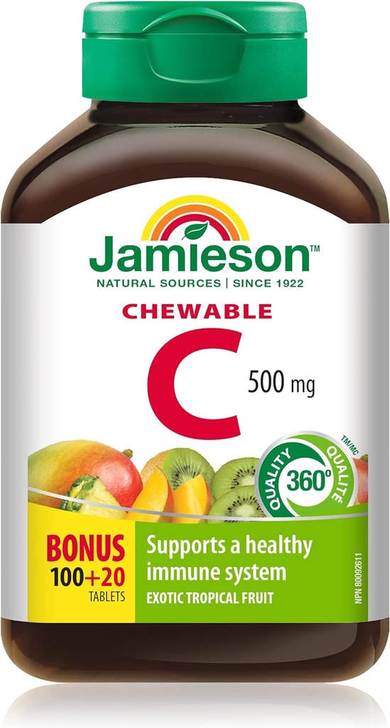 Jamieson Chewable Vitamina C 500 mg Froita tropical exótica, 120ct, importada de Canadá