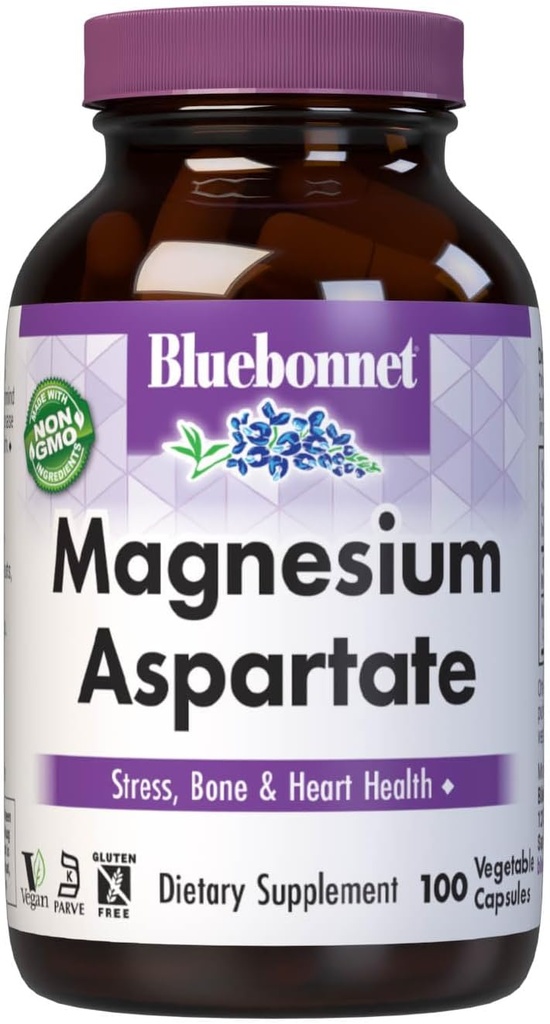 Bluebonnet Nutrition Magnesium Aspartate, Stress Relief*, Bone Health*, Heart Health*, Non-GMO, Vegan, Kosher Certified, Gluten-Free, Soy-Free, Dairy-Free, 100 растительных капсул, 50 сервировок