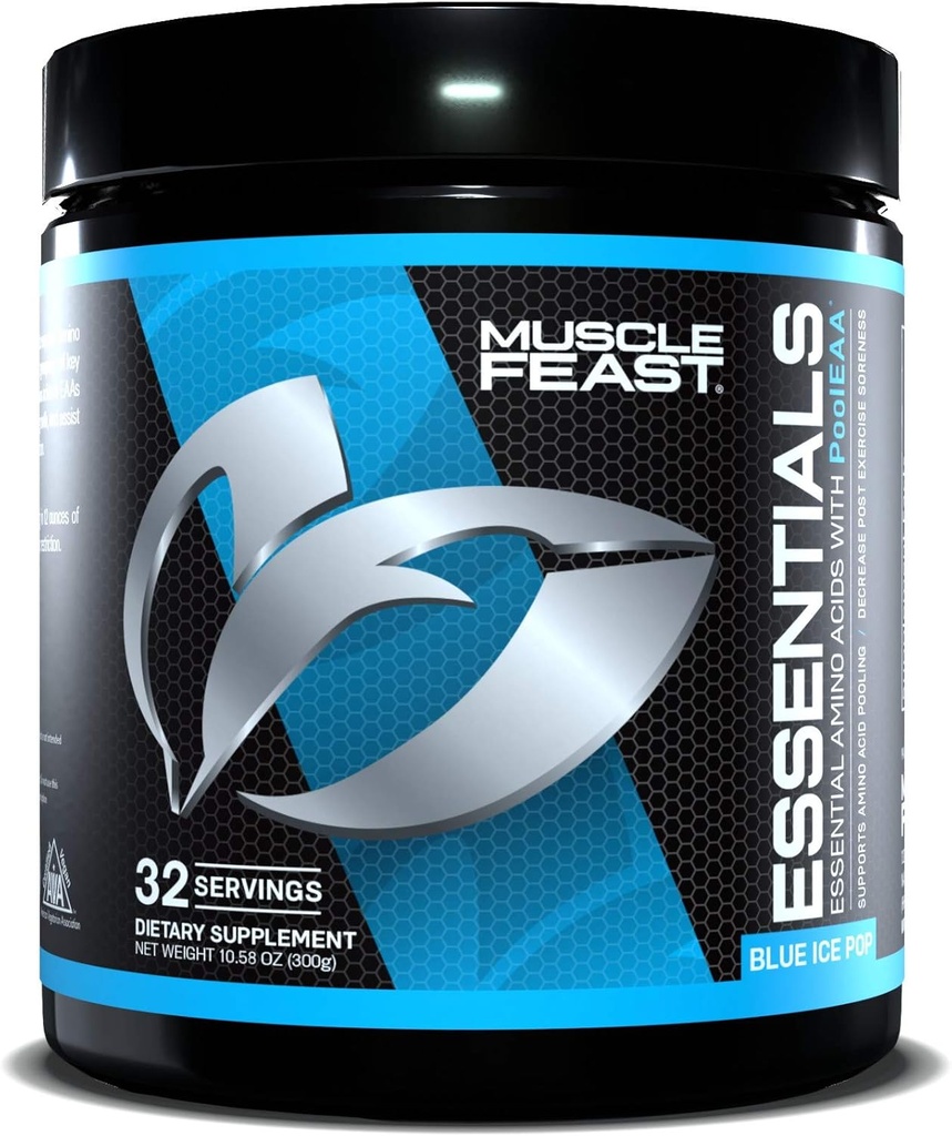 Muscle Feast Vegan Essential Amino Acid Powder Post Workout Recovery and Intra-Training Drink, Blue Ice Pop, 300g