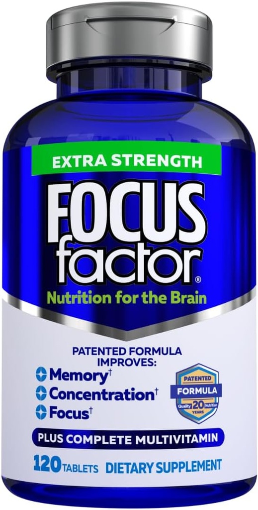 Focus Factor Adulți Putere suplimentară, 120 Conte - Suplimentul creier pentru memorie, concentrare și concentrare - Multivitamine complete cu DMAE, vitamina D, DHA - Vitamine de încredere de sănătate