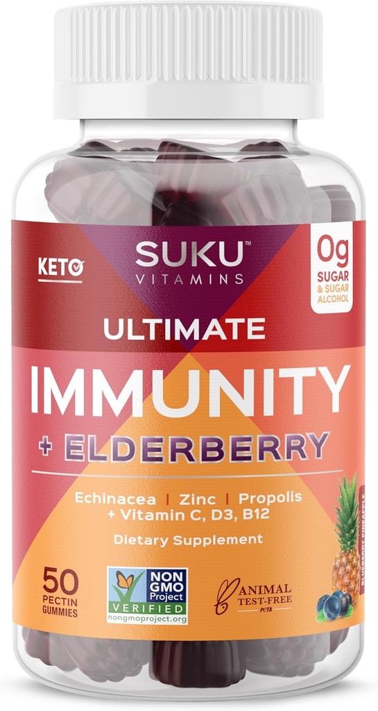 SUKU Vitaminai - Ultimate Immunity - Elderberry Echinacea ir Propolis Gummies for Immune Support, Easy to Chew - Non GMO, Gluten Sugar Free - Pomegrante Lime Flavored Gummy Vitaminai, 50 Count