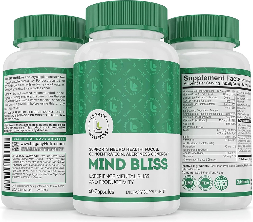 Mind Bliss Brain Supplement: 40 Ingredient Memory, Focus & Clarity Vitaminas, Energy Boost & Nootropic Support com DMAE, 60 comprimidos