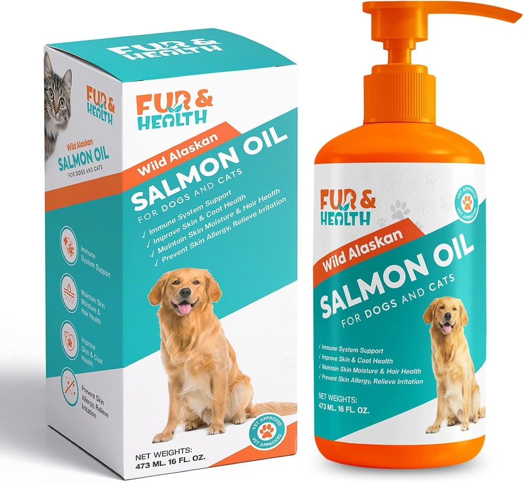 Fur & Health Wild Alaskan Salmon Oil with Omega 3 for Dogs & Cats - Natural Fish Oil Supplement Healthy Skin, Shiny Coat & Joint Support - Pure EPA & DHA Formula for Pet Immune Health 16oz