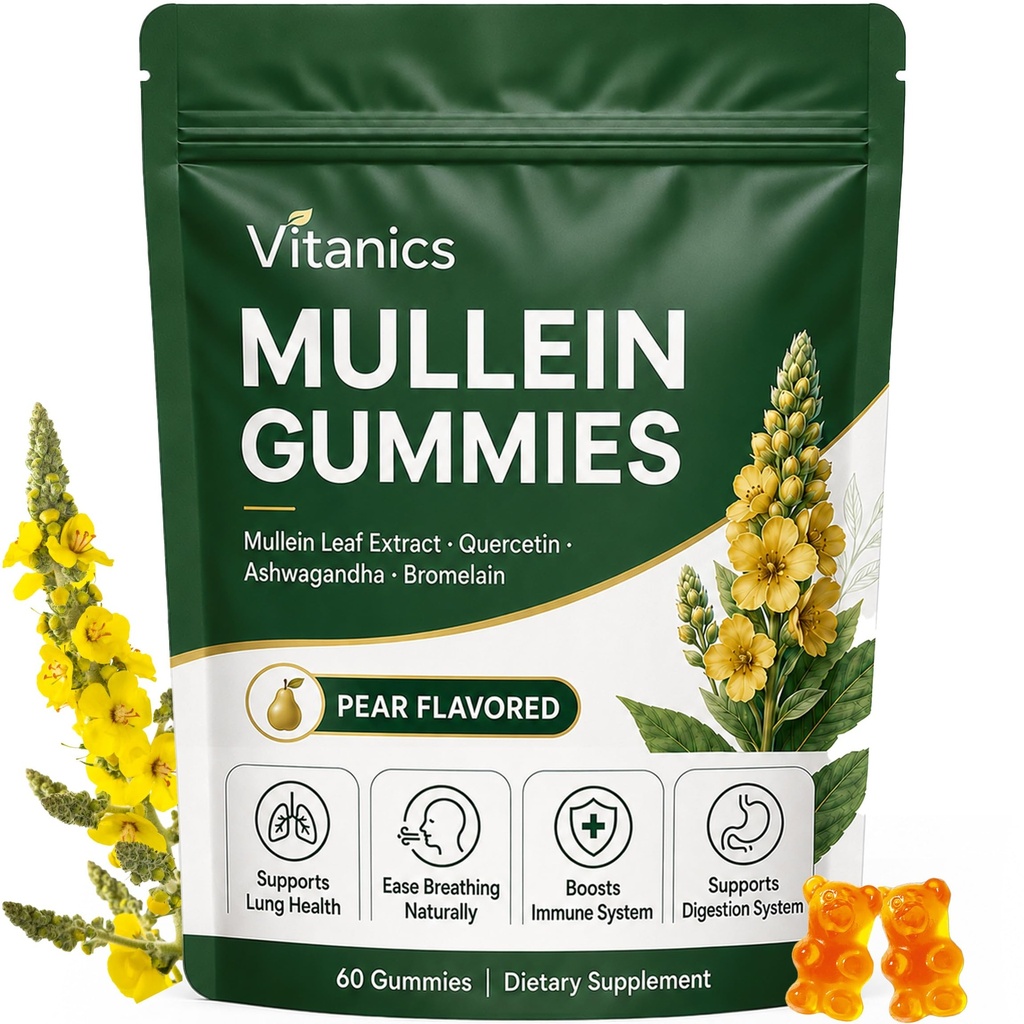Vitanics Mullein Gummies, Mullein Leaf Extract for Lungs, Daily Respiratory Health Gummies with Quercetin, Ashwagandha, Bromelain & Vitamin D3, Lung Health & Sinus Relief, Pear Flavor, 30 Day Supply
