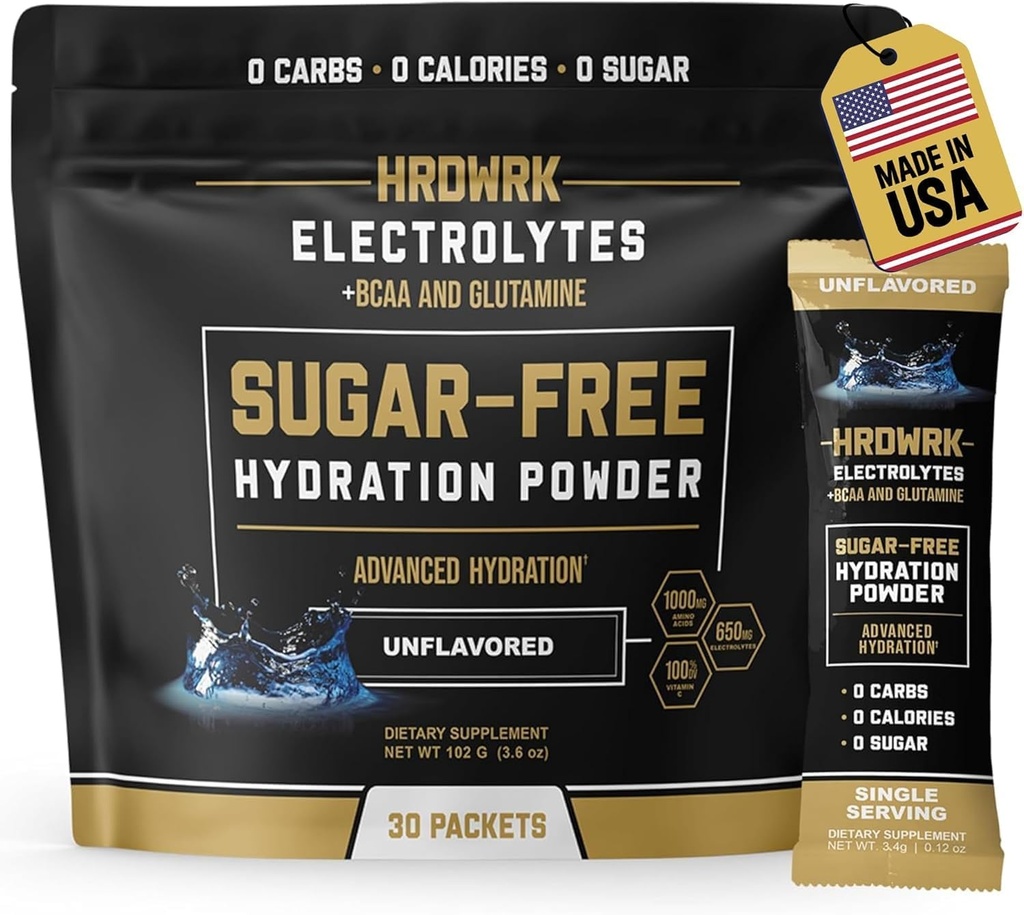 HRDWRK Electrolytes Powder Packets with Magnesium, Potassium Sodium, Keto Hydration Packets - BCAA Electrolyte Powder Packets with Glutamine, 30 Electrolytes Powder Packets Sugar Free (Unflavored)