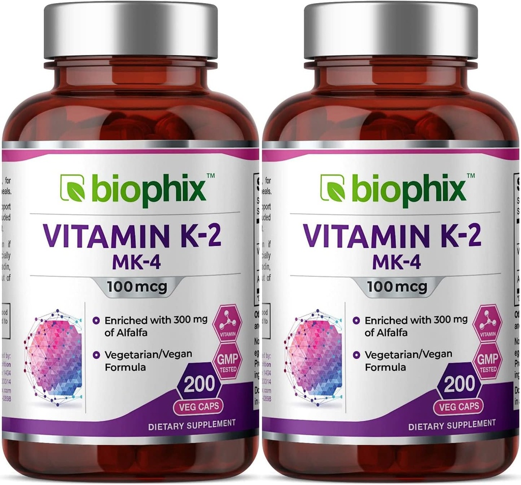 biophix Vitamin K2 MK-4-100 mcg 200 Caps with Alfalfa 2 Pack - Supports Strong Bones Immune Health