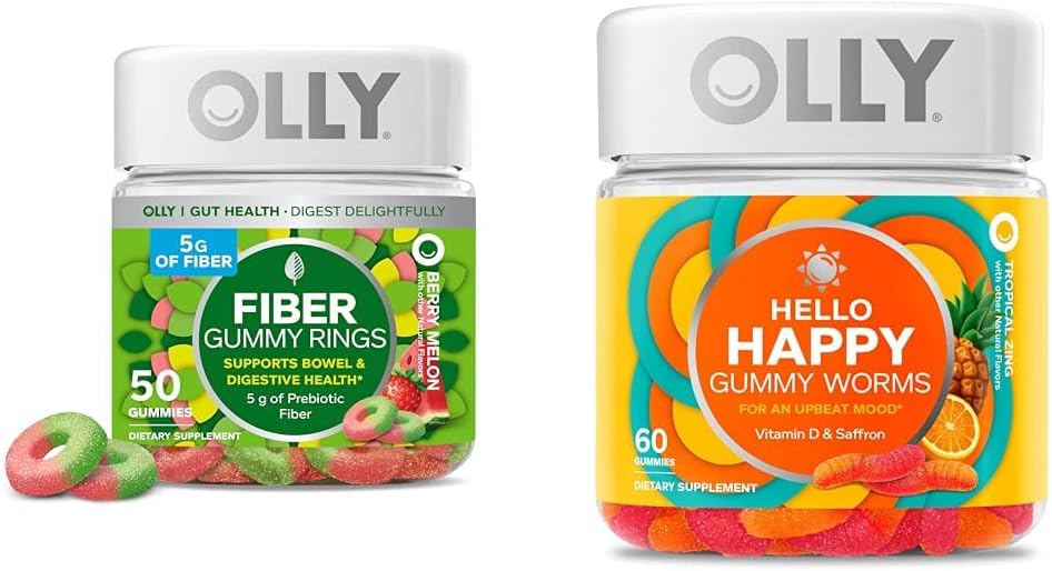 OLLY Fiber Gummy Ring, 5g Prebiyotik Fiber, FOS (Fructo-oligosaccharides), Digestive Support & Hello Happy Gummy Worms, Mood Balance Support, D, Saffron, Yetişkin Chewable Supplement