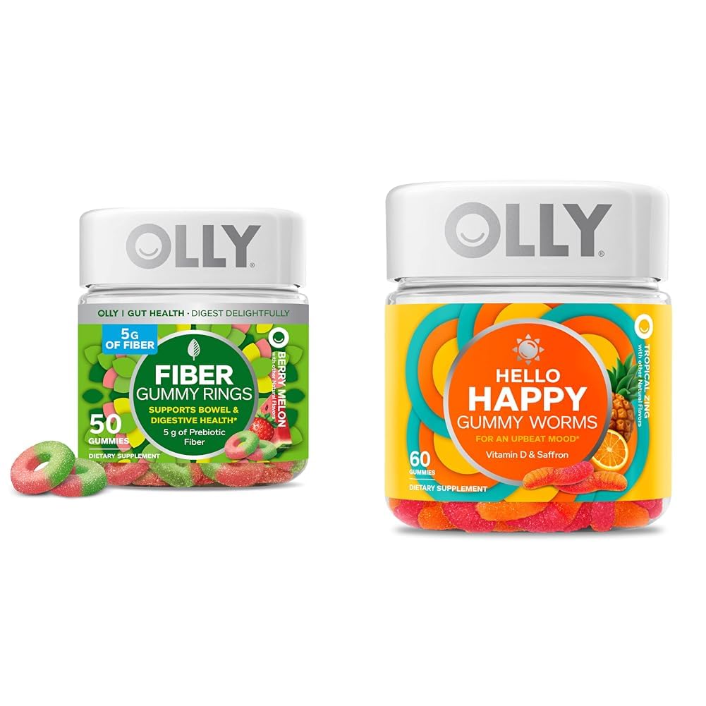 OLLY Fiber Gummy Rings, 5g Prebiotic Fiber, FOS (Fructo-oligosaccharides), Digestive Support & Hello Happy Gummy Worms, Mood Balance Support, Vitamin D, Saffron, Adult Chewable Supplement