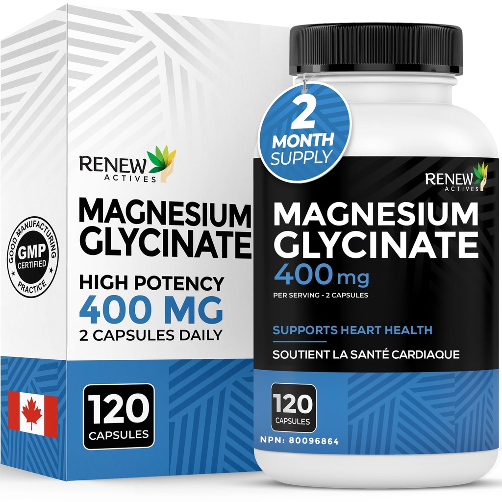 RENEW ACTIVES Magnesium Glycinate 400MG per 2 Capsules Pure Magnesium Bisglycinate for Full Body Relaxation, Sleep, Muscles, Bones & Energy - Electrolyte Balance - Made in Canada -120 Capsules