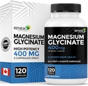 RENEW ACTIVES Magnesium Glycinate 400MG per 2 Capsules Pure Magnesium Bisglycinate for Full Body Relaxation, Sleep, Muscles, Bones & Energy - Electrolyte Balance - Made in Canada -120 Capsules