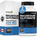 RENEW ACTIVES Magnesium Glycinate 400MG per 2 Capsules Pure Magnesium Bisglycinate for Full Body Relaxation, Sleep, Muscles, Bones & Energy - Electrolyte Balance - Made in Canada -120 Capsules