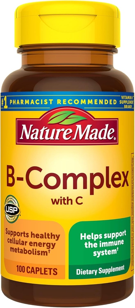 Nature Made B Complex met vitamine C, Dieetsupplement voor Immune System Support, 100 Caplets, 100 Day Supply
