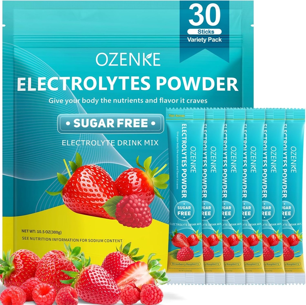 Elektrolitoen hauts-paketeak, 30 Sticks hidratazio-paketeak Sugar Free, Electrolyte Drink Mix Elektrolito-pakete eramangarriak hidratatzeko, 0 Sugar & 0 Calorie, Strawberry eta Raspberry Flavor
