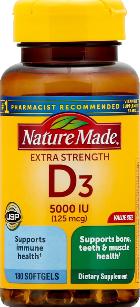 Extra sterkte Vitamine D3 5000 IE (125 mcg), 180 Softgels Value Size, High Potency Vitamine D helpt Immune Health, Sterke Bones en Tanden, & Spierfunctie