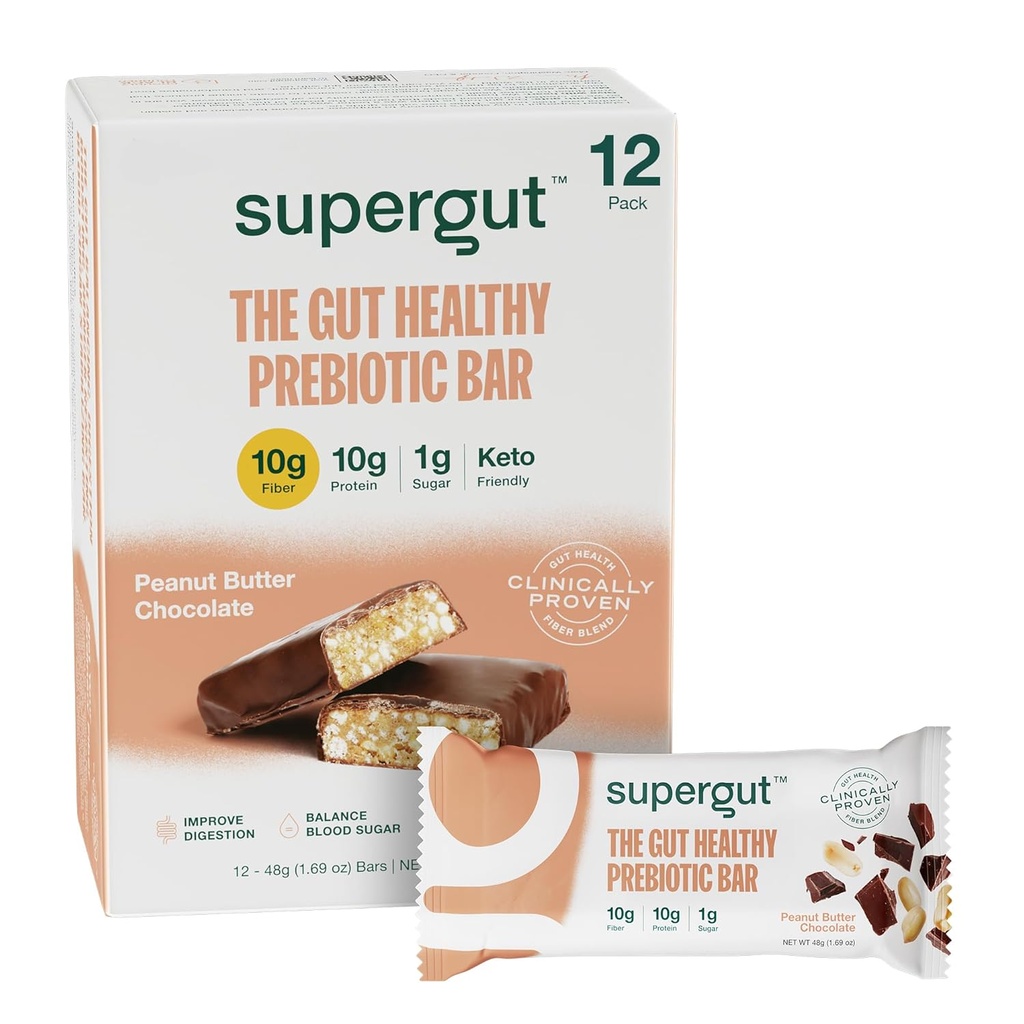 Supergut GLP-1 Boosting Prebiotic Bars, Peanut Butter Chocolate - Gut Healthy Protein (12 Count)