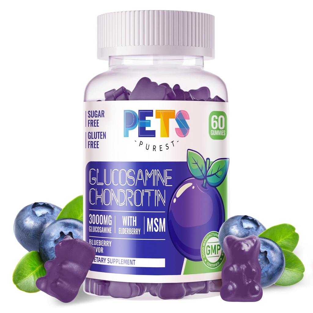 Pets Purest Glucosamine Chondroitin Gummies with MSM & Elderberry Extra Strength - Joint Support, Antioxidant Immune Support Supplement for Adults, Men & Women.60 Blueberry Gummies