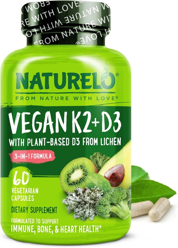 NATURELO Vitamin D3 K2 - Vegan K2 + D3 med växtbaserad D3 från Lichen - Natur D3 Supplement för immunsystem, benstöd, hjärthälsa - Hel mat - icke-GMO - Glutenfri, 60 kapslar