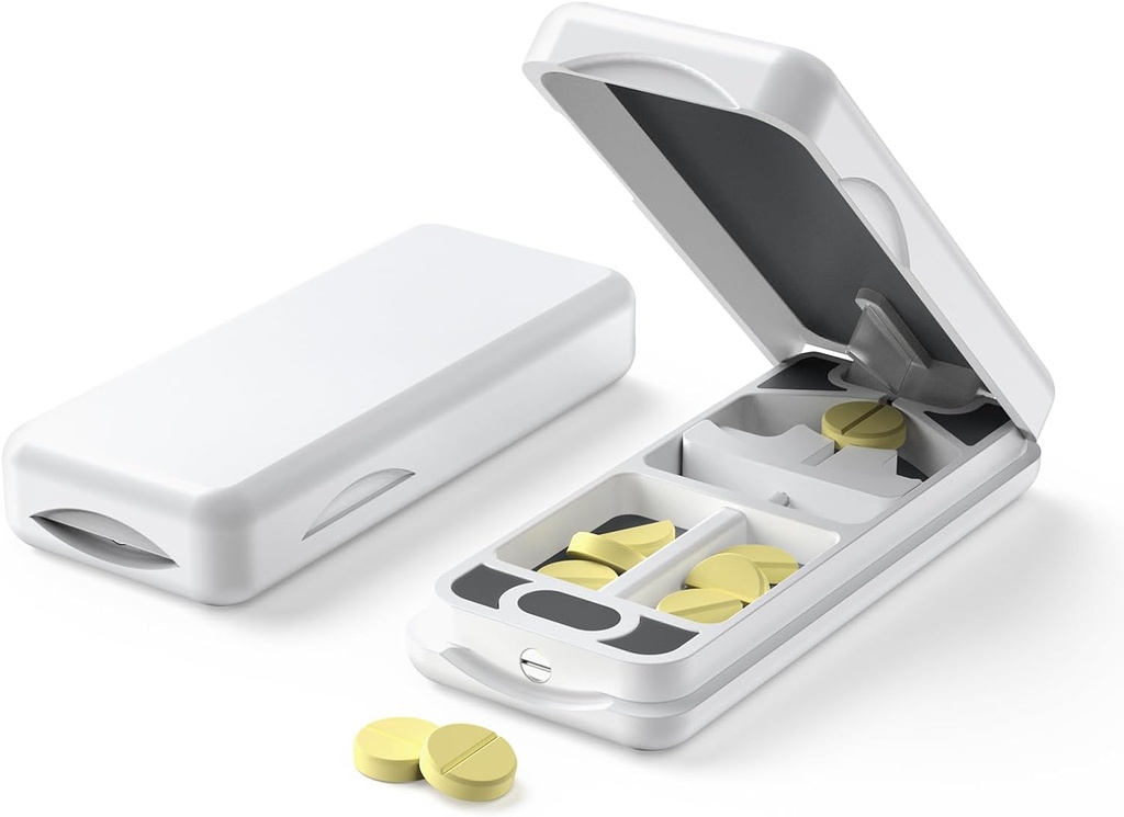 Pill Cutter with Auto Centering Device, Aluminum Pill Splitter with 316L Stainless Blade, Genuine Leather Case, Professional Pill Splitter for Cutting Small Pills or Large Pills(Plastic,White)