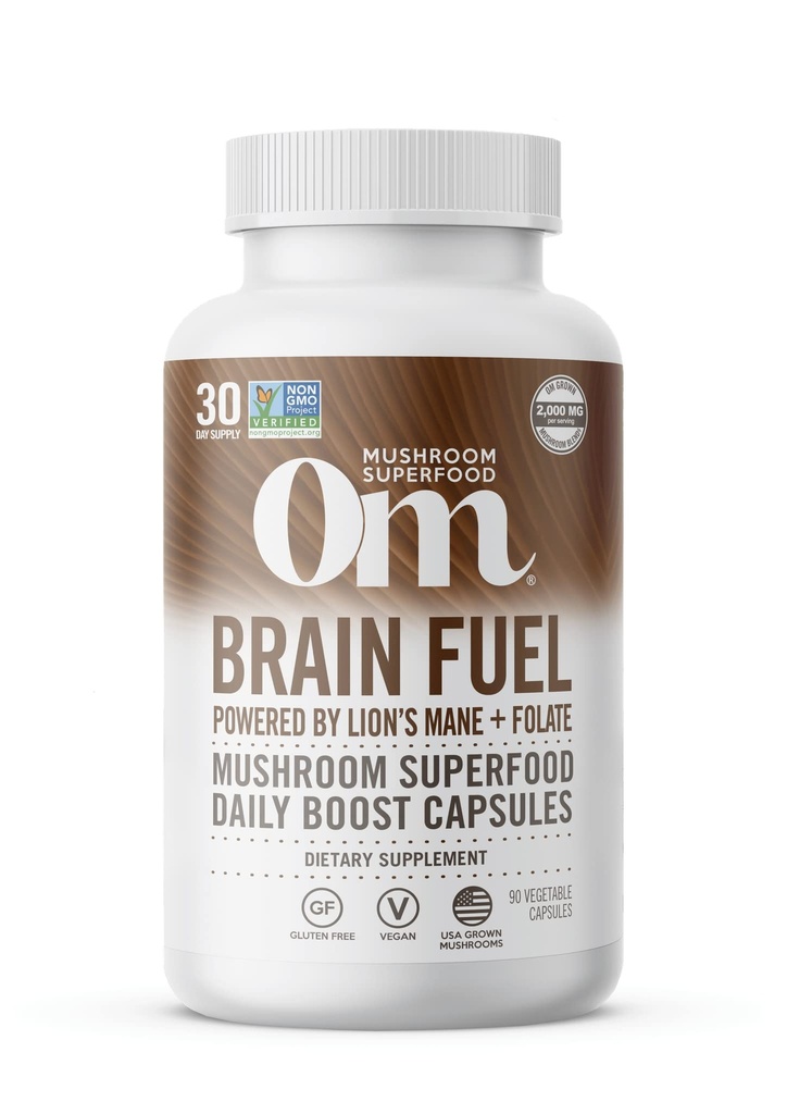 OM MUSHROOM SUPERFOOD Brain Fuel Mushroom Powder Capsules Superfood Supplement, 90 Count, 30 Days, Lion's Mane, Reishi Blend Plus Folate, Mental Clarity, Mushroom Supplement
