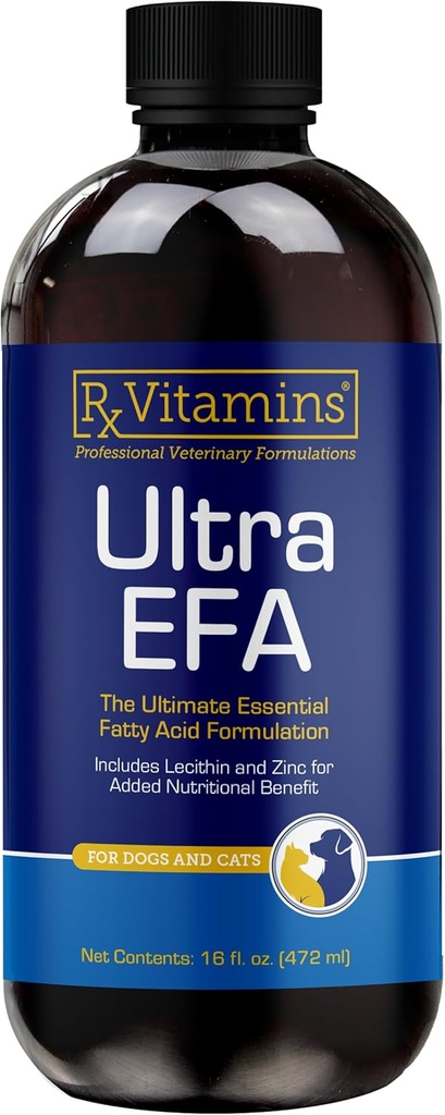Rx Vitamins Ultra EFA Omega 3 Fiskolja för hundar och katter - främjar hjärta, hjärna och gemensam hälsa med vitamin E, Biotin och Zink - flytande fiskolja för Itch Relief & Dog Shedding - 16 oz